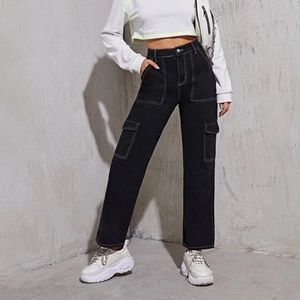 High Waist Flap Pocket Whip Stitch Cargo Jeans